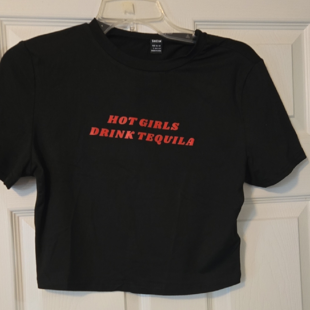 SHEIN Black Crop Top with Red Text